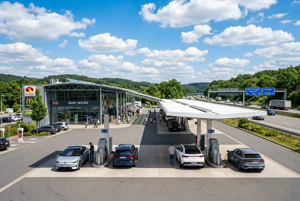 Moderne Autobahn-Tankstelle bei Tageslicht