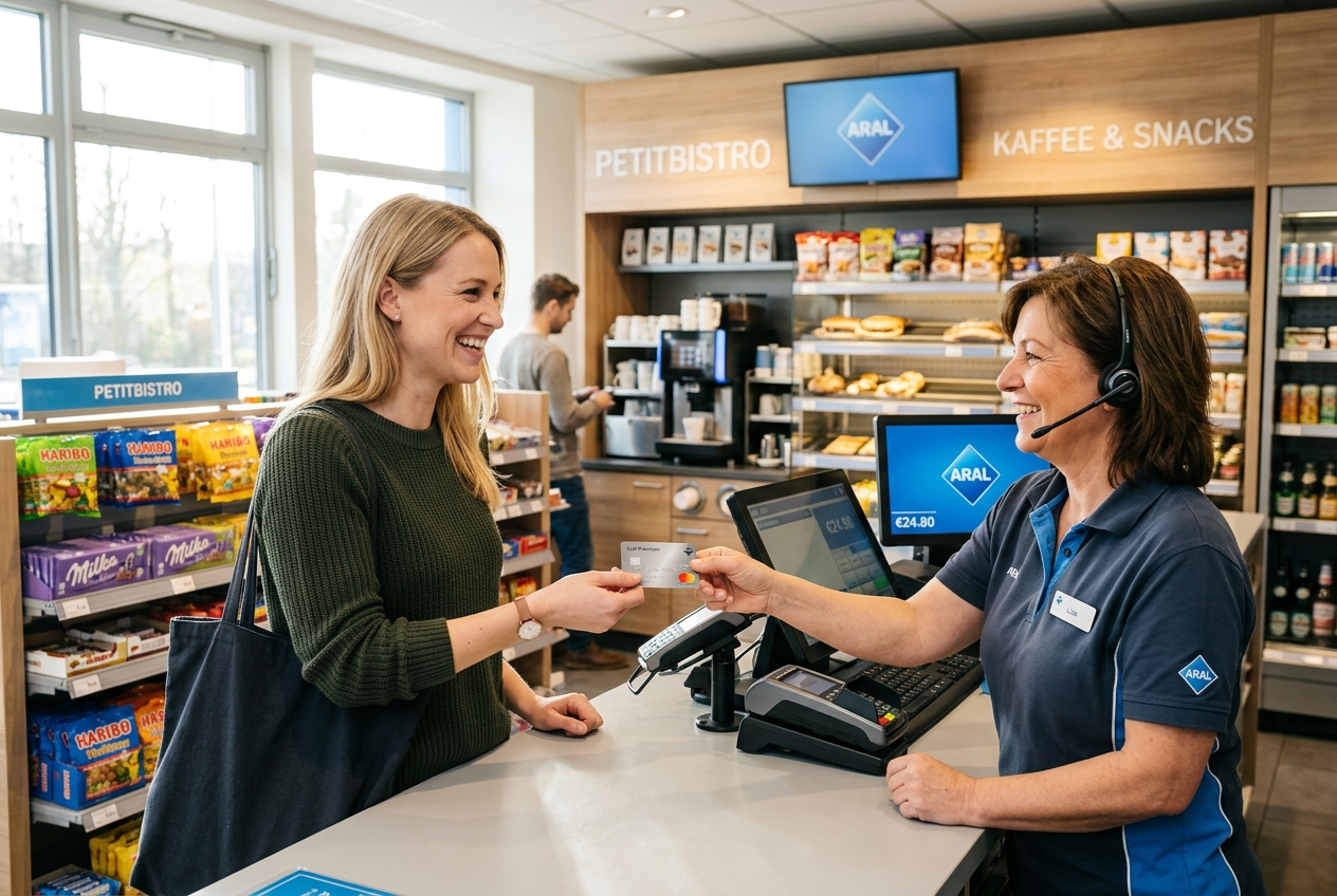 Kundin bezahlt mit der FuelX Card an der Tankstellen-Kasse