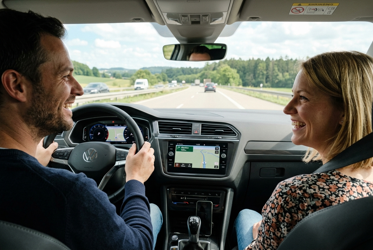 Paar sitzt lächelnd im modernen Auto (Linkslenker) bei Tageslicht