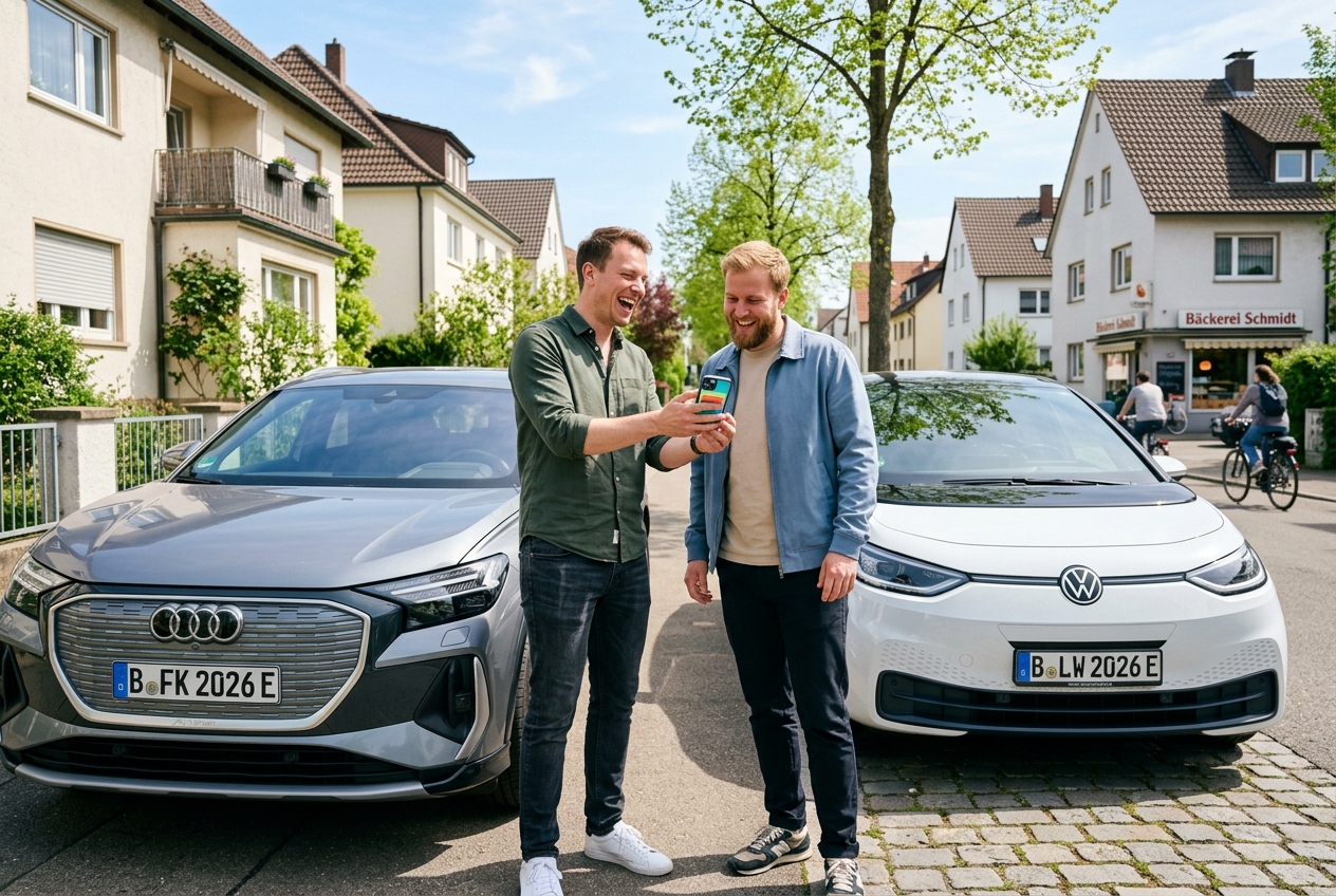 Zwei Freunde empfehlen sich FuelX neben ihren Autos