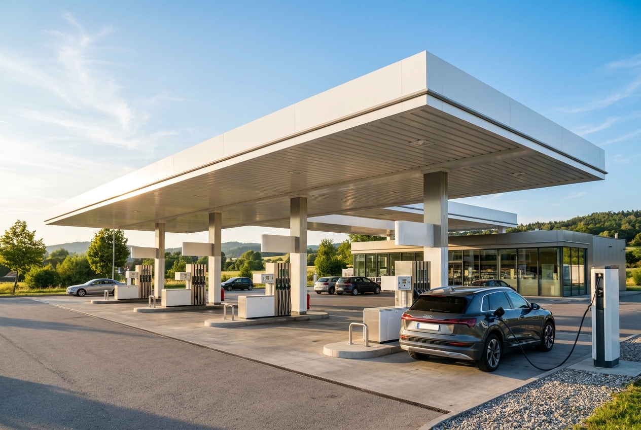 Moderne Autobahn-Tankstelle bei Tageslicht