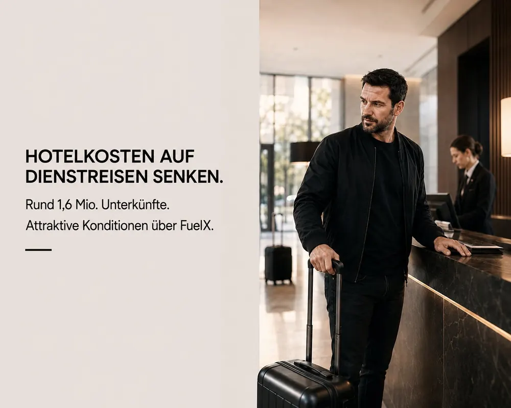 Hotelkosten auf Dienstreisen senken. Rund 1,6 Mio. Unterkünfte über FuelX — attraktive Firmenkonditionen.