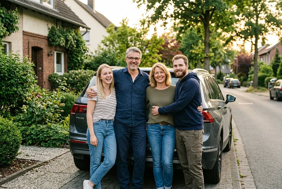 Familie mit erwachsenen Kindern vor dem gemeinsamen Auto