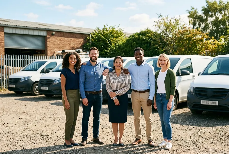 Team eines Unternehmens vor der eigenen Fahrzeugflotte