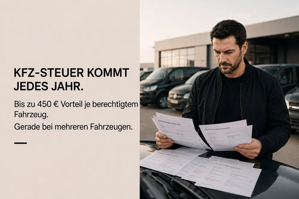 Kfz-Steuer kommt jedes Jahr. Bis zu 450&nbsp;€ Vorteil je berechtigtem Fahrzeug — gerade bei mehreren Fahrzeugen.