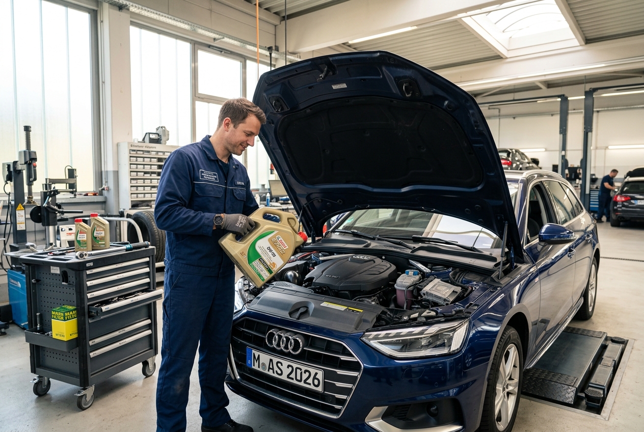 Professioneller Öl-Wechsel in heller Werkstatt