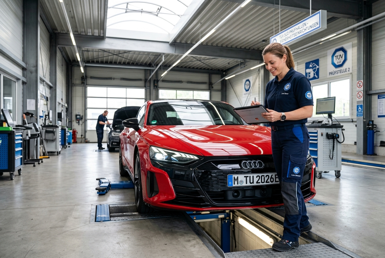 Prüfingenieur mit Tablet bei der Hauptuntersuchung