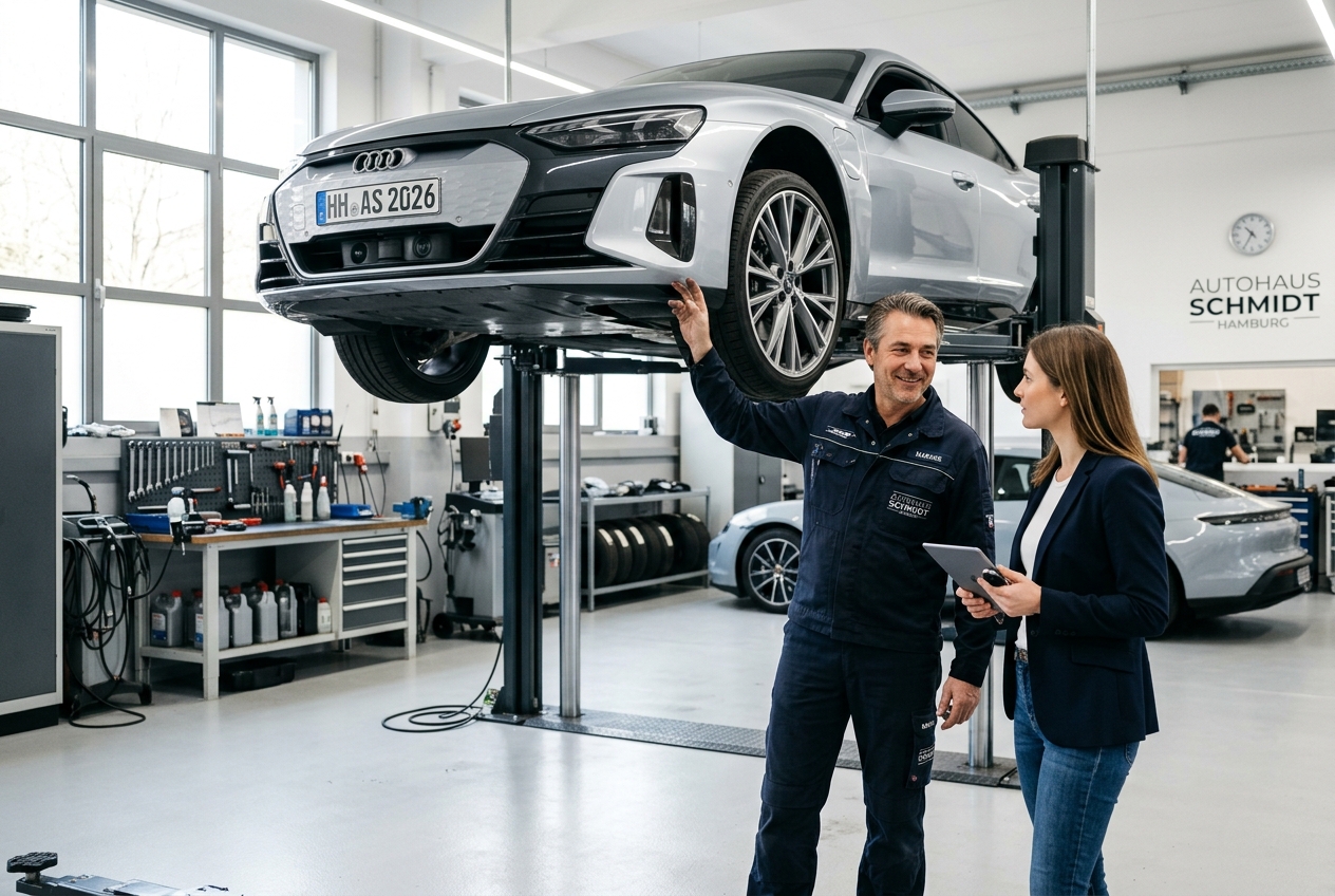 Meister erklärt Kundin die Reparatur in einer modernen Werkstatt